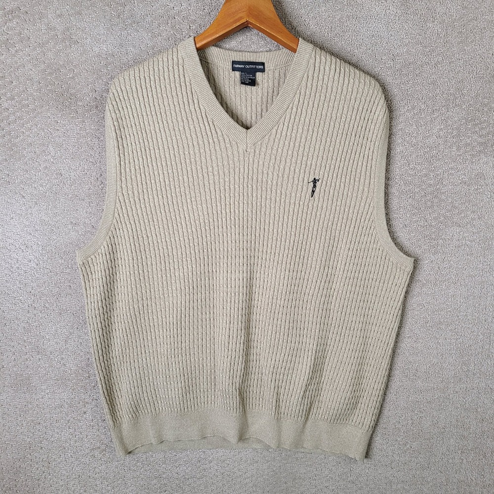 Fairway Outfitters Sweater Vest Men L Beige V Neck Cable Knit Cotton Casual Golf